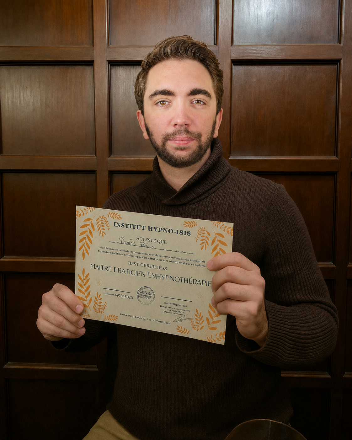 Nicolas Pierné avec son diplôme de maître praticien en hypnose